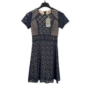 Oasis Navy Lace Short Sleeve Fit & Flare Dress Size 8 Pale Pink Lining New